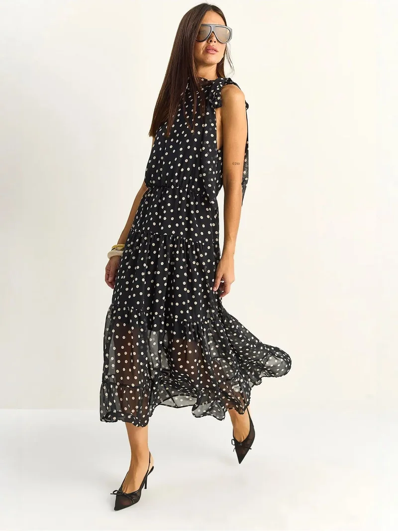 بيانكو لوتشي LUCCI Polka Dot Midi Dress with Halter Collar