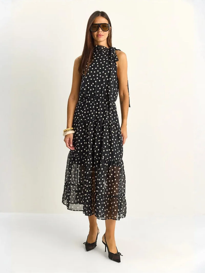 بيانكو لوتشي LUCCI Polka Dot Midi Dress with Halter Collar
