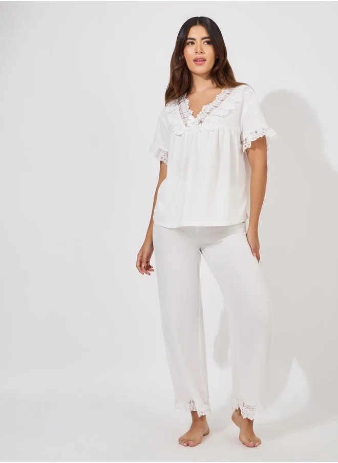 Styli Lace Trim V Neck Top & Pyjama Set