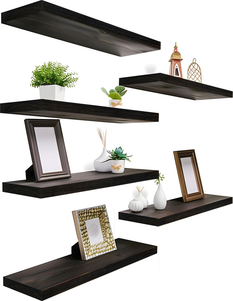 YYWUOJJ Wood Floating Shelves for Wall Decor Rustic Wall Shelves for Bedroom Bathroom Kitchen Living Room Set of 6 Walnut