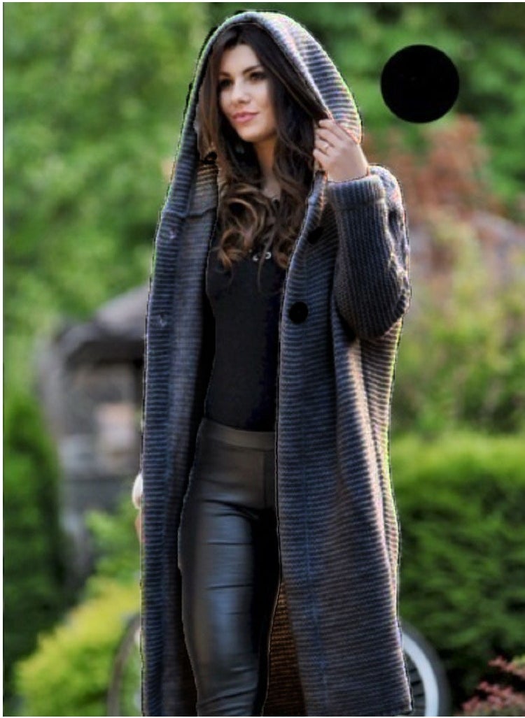 NIBEMINENT - Solid Hooded Button Front Cardigan, Casual Long Sleeve Cardigan For Fall & Winter, Women's Clothing - Image 1