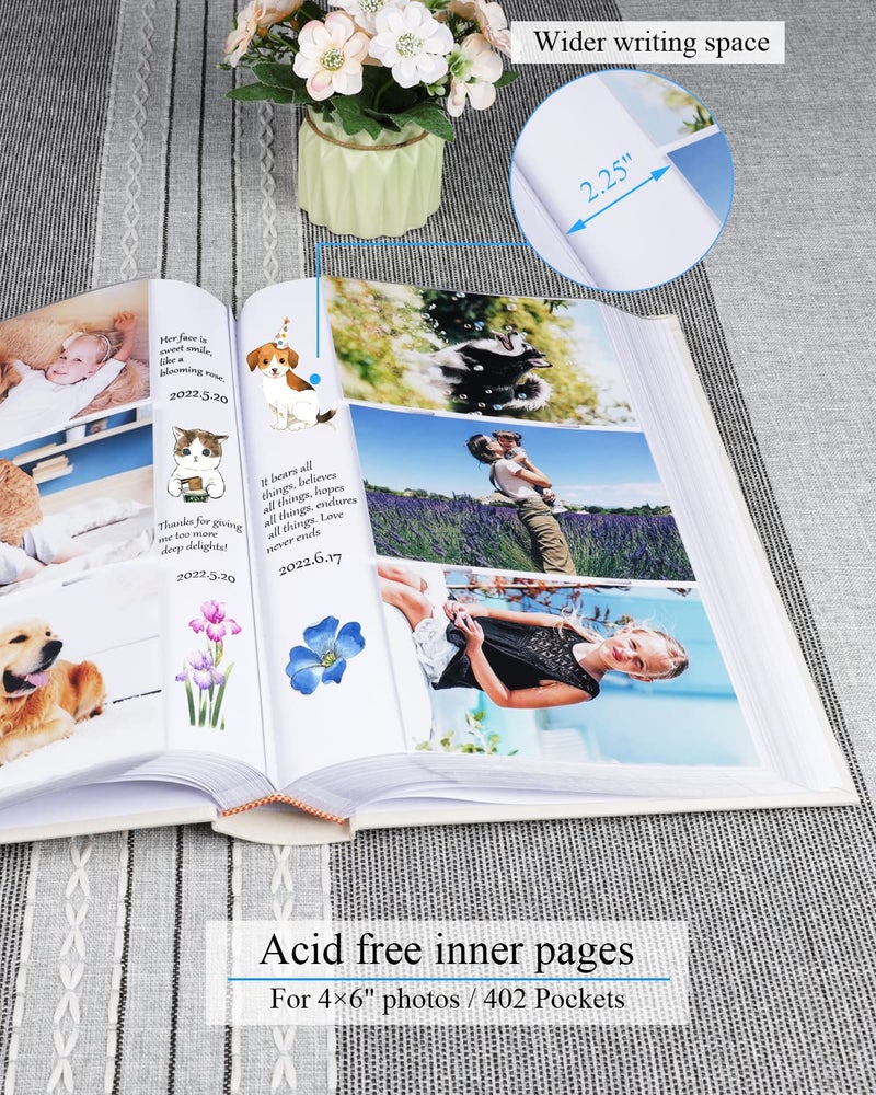 1DOT2 Photo Album 4x6 Hold 402 Photos with Memo Slip-in Pockets Photo Book  Linen Cover Picture Photo Albums with Writing Space for Wedding Family Baby Vacation Mother's Day Beige - Image 3