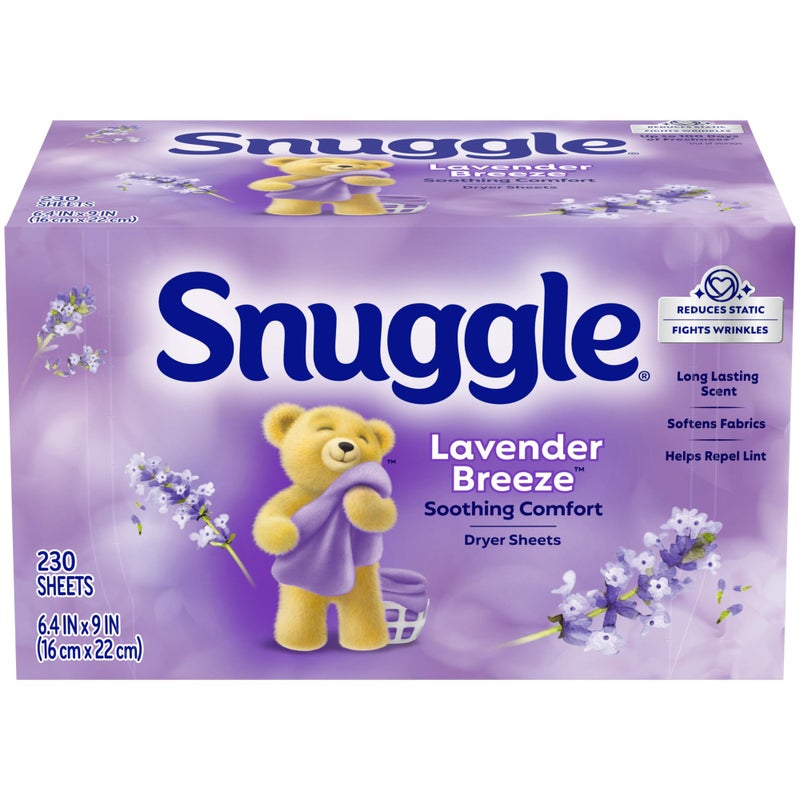 Snuggle Fabric Softener Dryer Sheets, Lavender Breeze Soothing Comfort, 230 Ct, Long-Lasting Fresh & Clean Scent, Softens Fabric, Reduces Static, Fights Wrinkles, Helps Repel Lint & Pet Hair, HE Safe - Image 1
