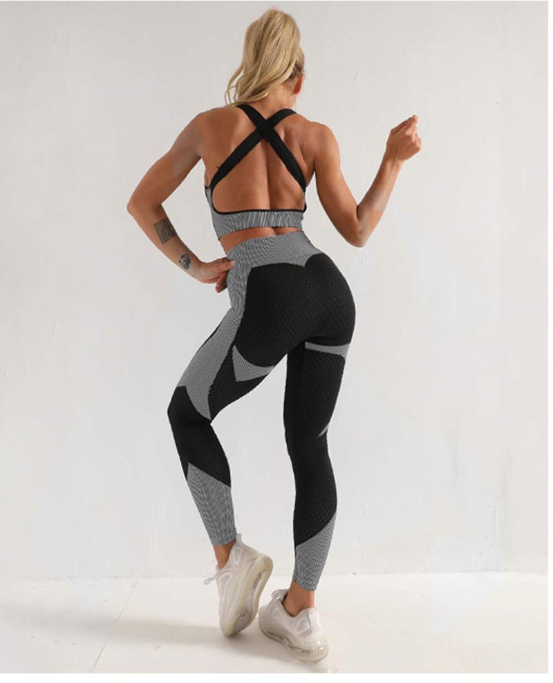 Veriliss Women's 3pcs Seamless Outfits Workout Sets,Gym Clothes Yoga Sportswear Leggings and Stretch Sports Bra Gym jumpsuits Clothes Set (BlackGrey, L) - Image 2