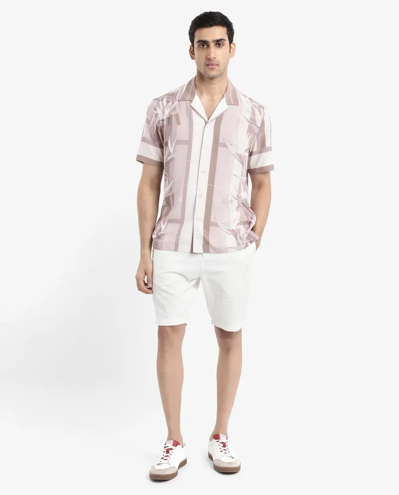 Rare Rabbit Rare Rabbit Men's Polis Beige Short Sleeve Cuban Collared Abstract Print Shirt