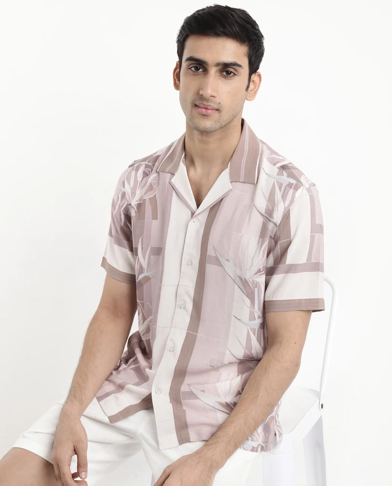 Rare Rabbit Rare Rabbit Men's Polis Beige Short Sleeve Cuban Collared Abstract Print Shirt