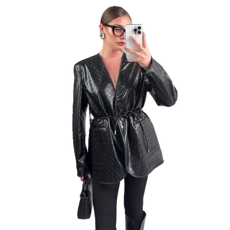 2025 Autumn Women'S New Fashion V-Neck Long Sleeve Commuter Slim Belt Jacket - Image 4