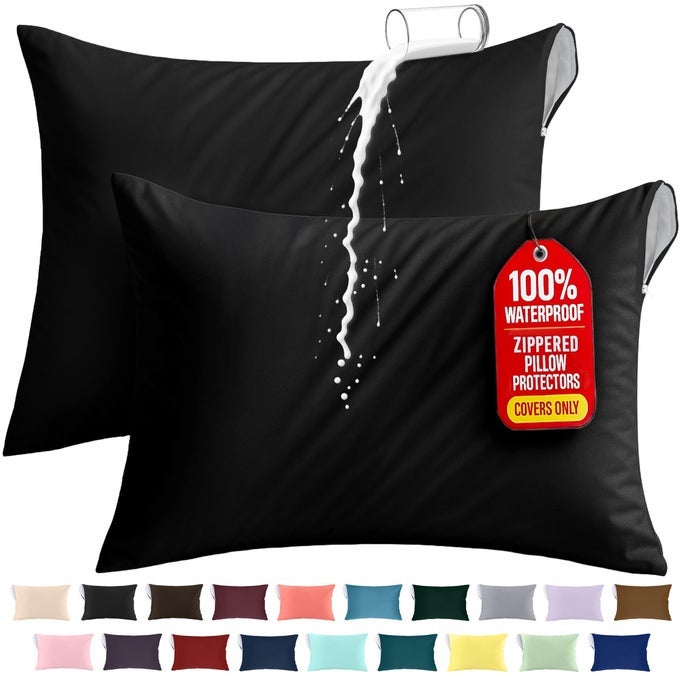 PREMIUM 100 WATERPROOF PILLOW PROTECTORS WITH ZIPPER STANDARD SIZE SET OF 2 BED BUG AND DUST MITE PROOF ZIPPERED PILLOW COVERS PILLOW ENCASEMENT CASES BLACK