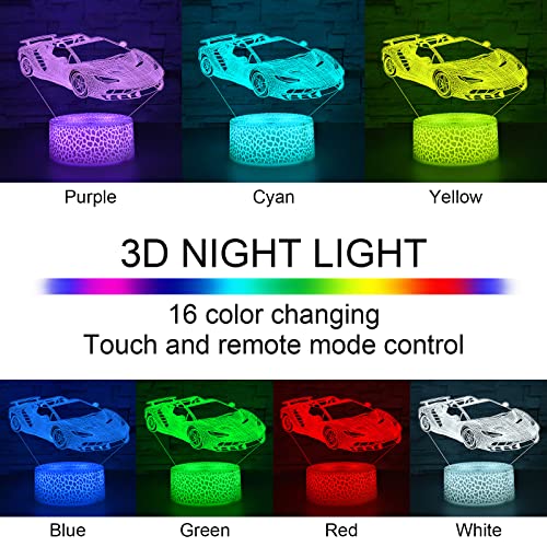 i-CHONY Sport Car Night Light,Race Car 3D Optical Illusion Lamp,with Remote & Smart Touch 16 Colors Dimmable Bedroom Decor Bedside Lamp,Christmas Holiday Birthday Gifts - Image 2