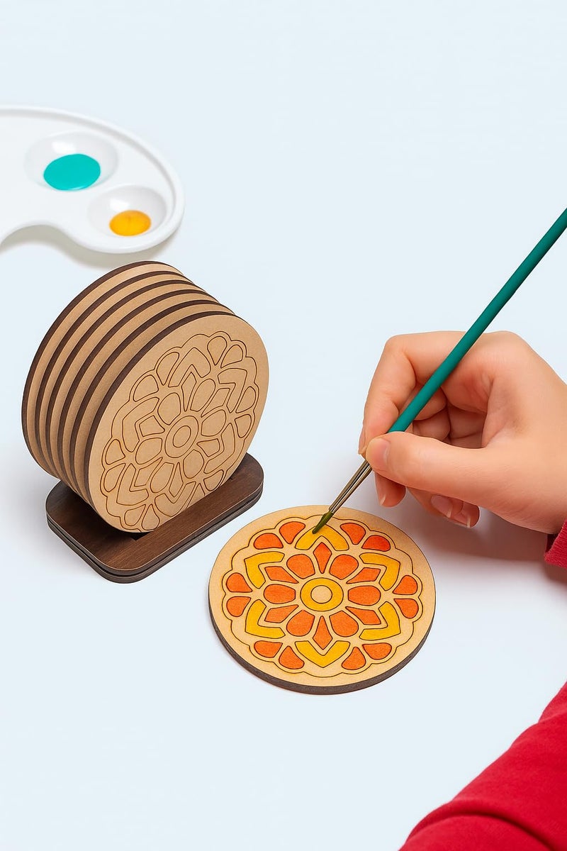 Genxtra DIY Mandala Art Wooden Coaster Set – Pack of 6 with Stand | Size- 4 inch | Pre-Marked for Painting | Fun Craft Kit for Kids & Adults | Ideal for Art, Gifts & Home Décor (DIY_Cost_002) - Image 4