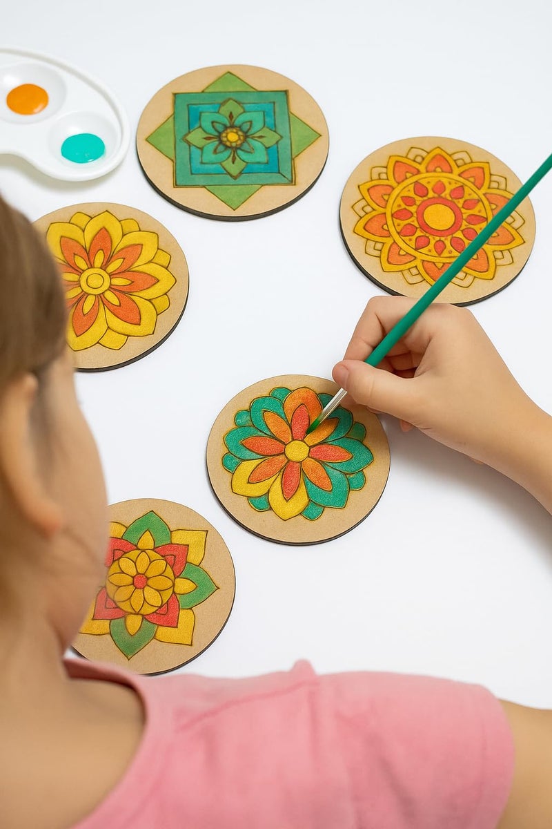 Genxtra DIY Mandala Art Wooden Coaster Set – Pack of 6 with Stand | Size- 4 inch | Pre-Marked for Painting | Fun Craft Kit for Kids & Adults | Ideal for Art, Gifts & Home Décor (DIY_Cost_002) - Image 3