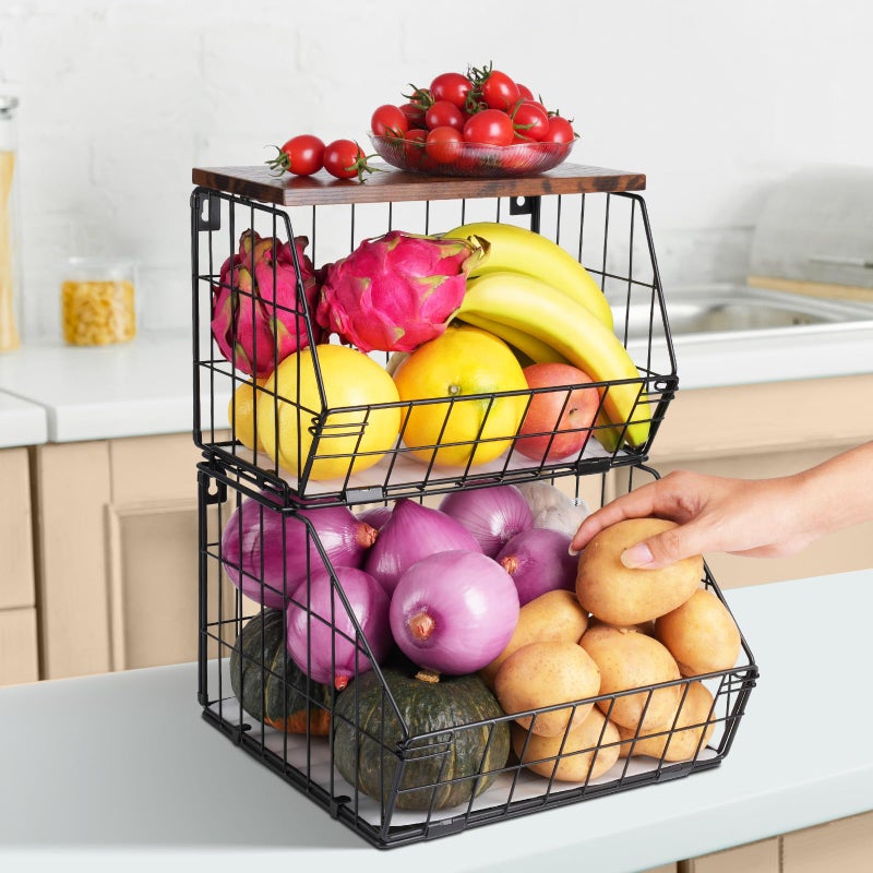 Wawocs 2 Tier Stackable Wall Mounted Hanging Basket, Fruit Basket for Kitchen Counter, Storage Bin with Wood Lid, Onion Storage, Fruit and Vegetable Storage, Countertop Organizer - Image 1