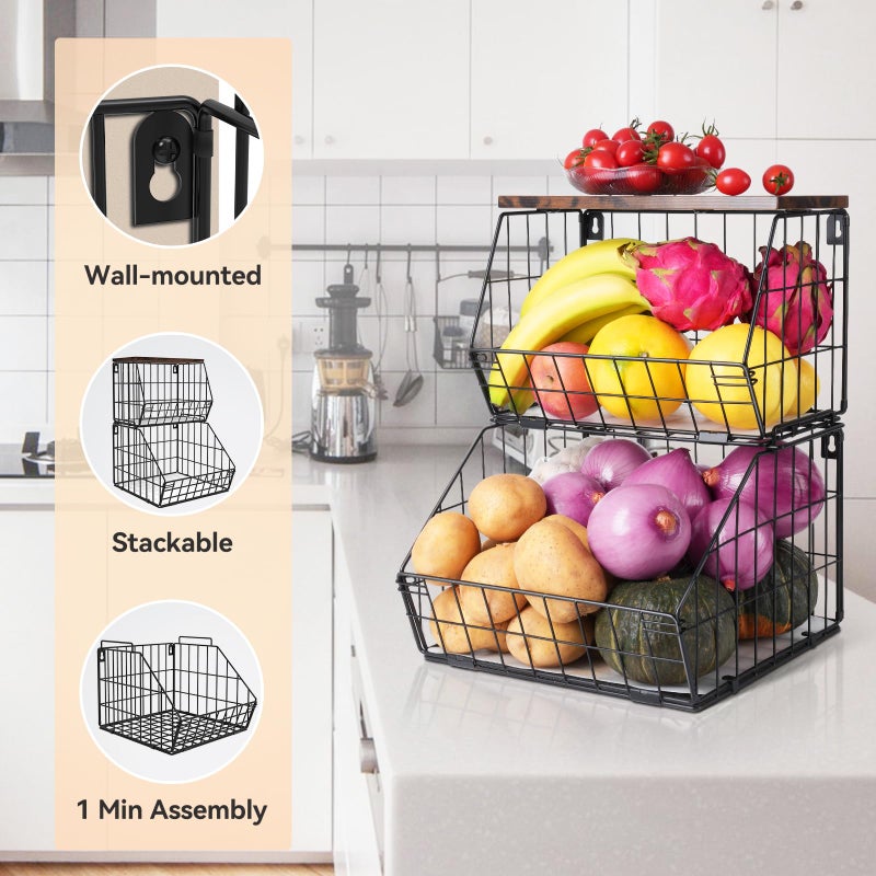 Wawocs 2 Tier Stackable Wall Mounted Hanging Basket, Fruit Basket for Kitchen Counter, Storage Bin with Wood Lid, Onion Storage, Fruit and Vegetable Storage, Countertop Organizer - Image 3
