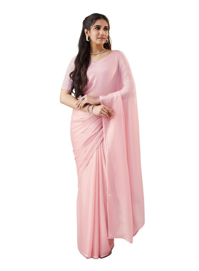 SIRIL ساري شيمر جورجيت عادي للنساء من سيريلي مع قطعة بلوزة غير مخيطة (4091S364_وردية فاتحة) - Image 1