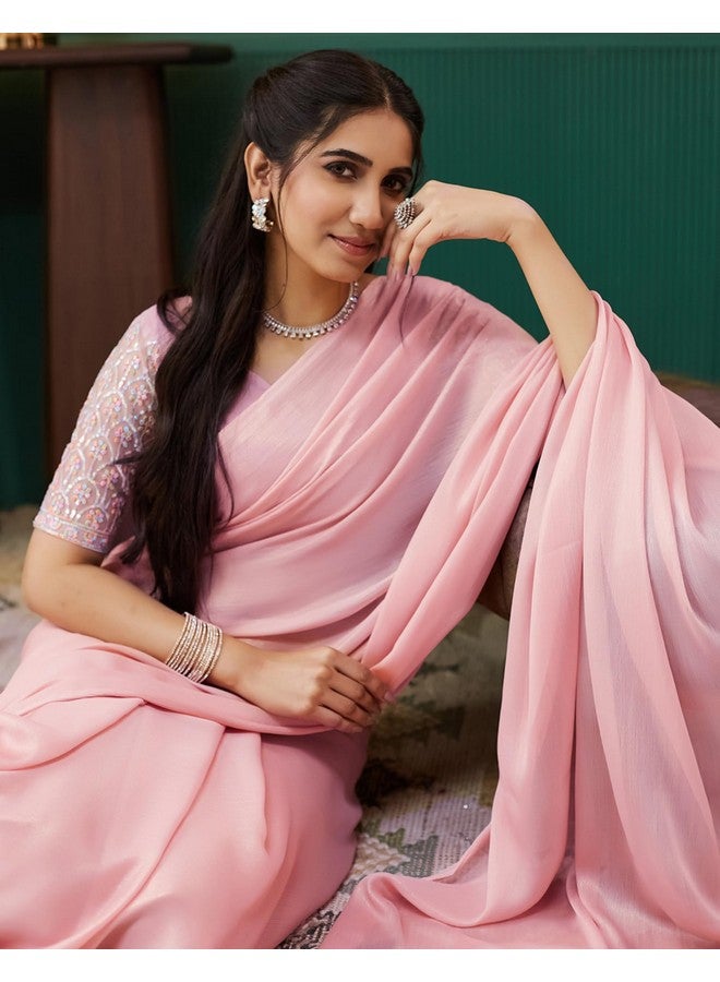 SIRIL ساري شيمر جورجيت عادي للنساء من سيريلي مع قطعة بلوزة غير مخيطة (4091S364_وردية فاتحة) - Image 5