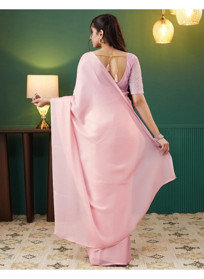 SIRIL ساري شيمر جورجيت عادي للنساء من سيريلي مع قطعة بلوزة غير مخيطة (4091S364_وردية فاتحة) - Image 3