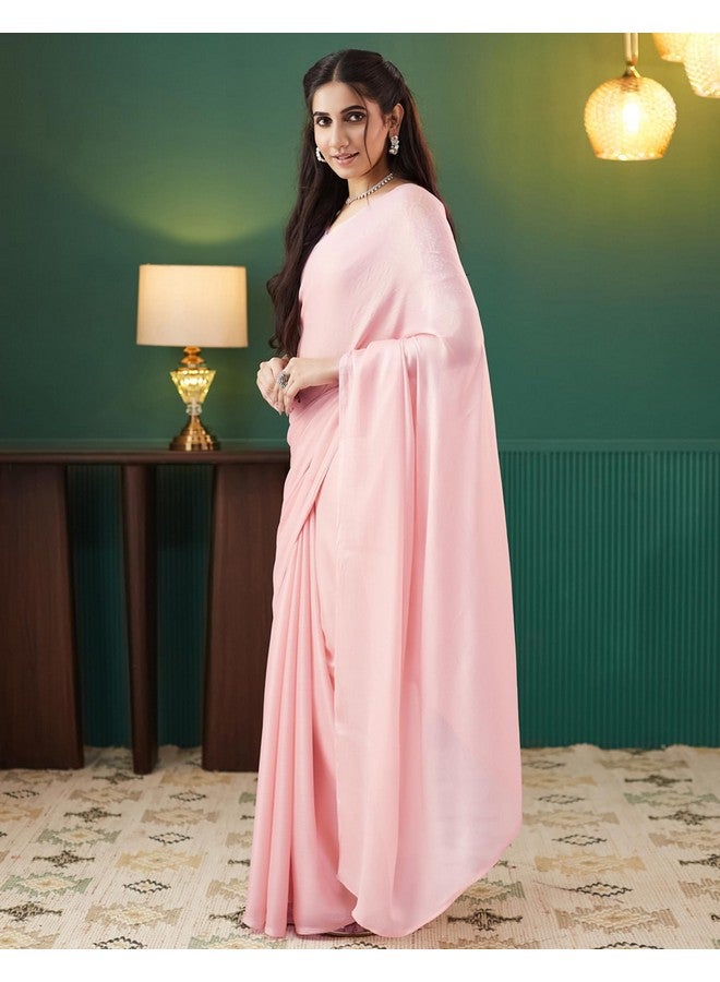 SIRIL ساري شيمر جورجيت عادي للنساء من سيريلي مع قطعة بلوزة غير مخيطة (4091S364_وردية فاتحة) - Image 2