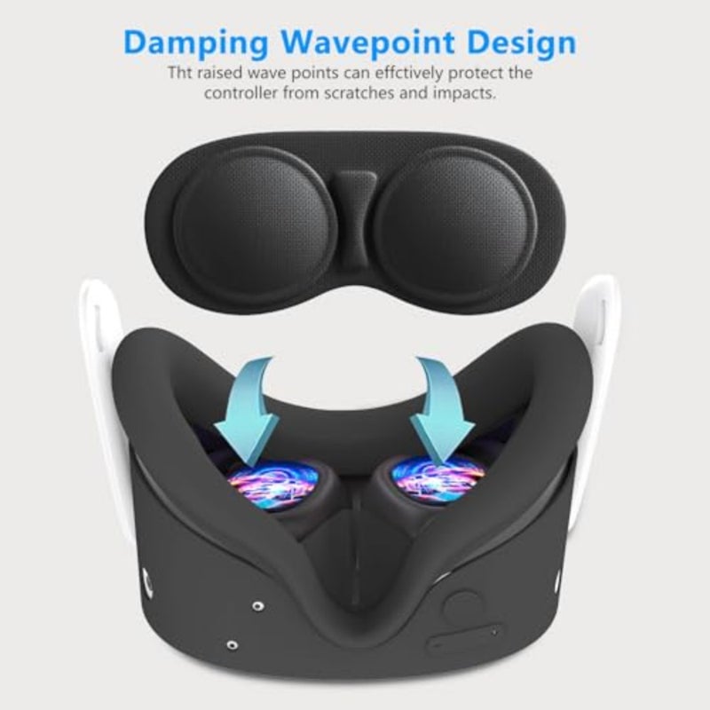 VR protector face cover set for Meta/Oculus Quest 3S: silicone material, black color, upgraded battery opening and controller grips with lens protection - Image 5