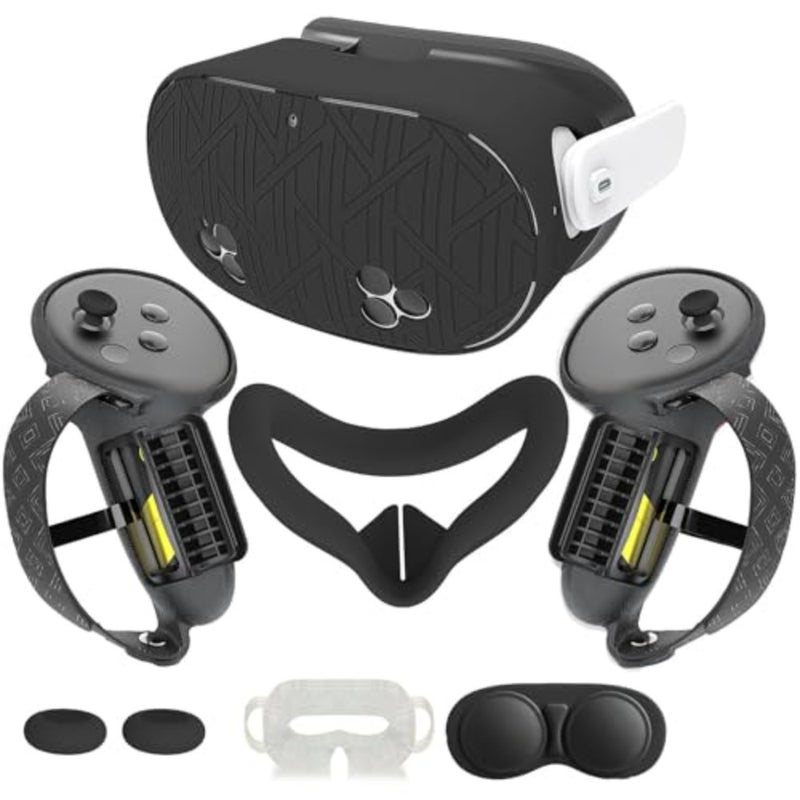 VR protector face cover set for Meta/Oculus Quest 3S: silicone material, black color, upgraded battery opening and controller grips with lens protection - Image 1