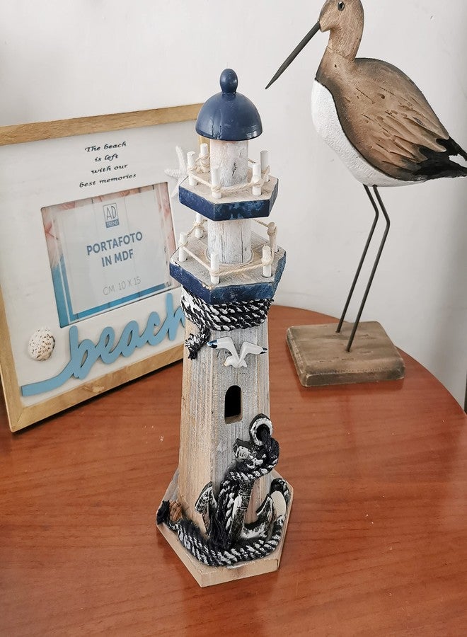 YK Decor Wooden Lighthouse Decor, 10.25Inch Decorative Nautical Lighthouse Rustic Ocean Sea Beach Themed Lighthouse Decoration, Handcrafted Tabletop Nautical Themed Home Decor Bathroom Decor(Seabird & Anchor) - Image 3