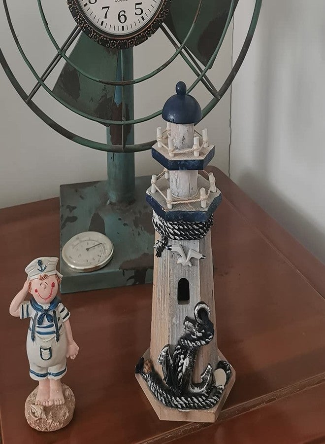 YK Decor Wooden Lighthouse Decor, 10.25Inch Decorative Nautical Lighthouse Rustic Ocean Sea Beach Themed Lighthouse Decoration, Handcrafted Tabletop Nautical Themed Home Decor Bathroom Decor(Seabird & Anchor) - Image 2