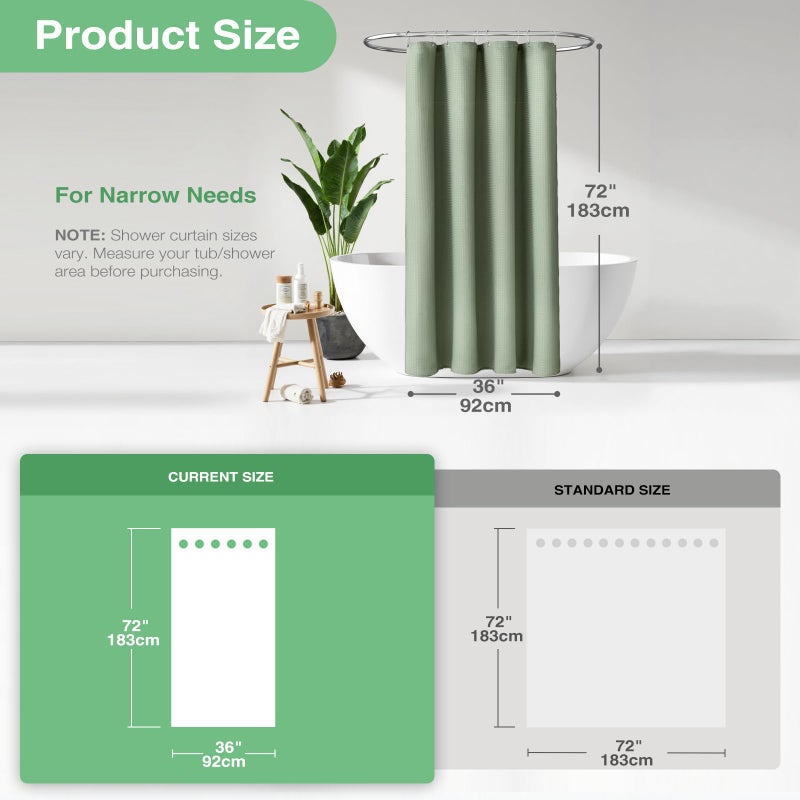 Dynamene Stall Fabric Shower Curtain - 36x72 Waffle Weave Weighted Cloth Shower Curtains for Bathroom, Neutral Heavy Duty Hotel Spa Luxury Bath Curtain Set with 6 Plastic Hooks,Sage Green - Image 3