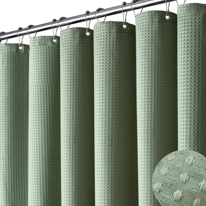 Dynamene Stall Fabric Shower Curtain - 36x72 Waffle Weave Weighted Cloth Shower Curtains for Bathroom, Neutral Heavy Duty Hotel Spa Luxury Bath Curtain Set with 6 Plastic Hooks,Sage Green - Image 1
