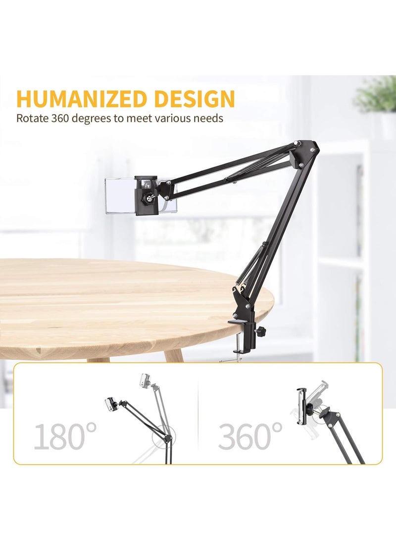 Metal Tabletop Stand for iPad, Tablet, Mobile Phone, Long Arm Adjustable Multi-Angle for Office, Home, Movie Watching, Live Streaming - Premium Steel Retractable Table Mount - Image 1