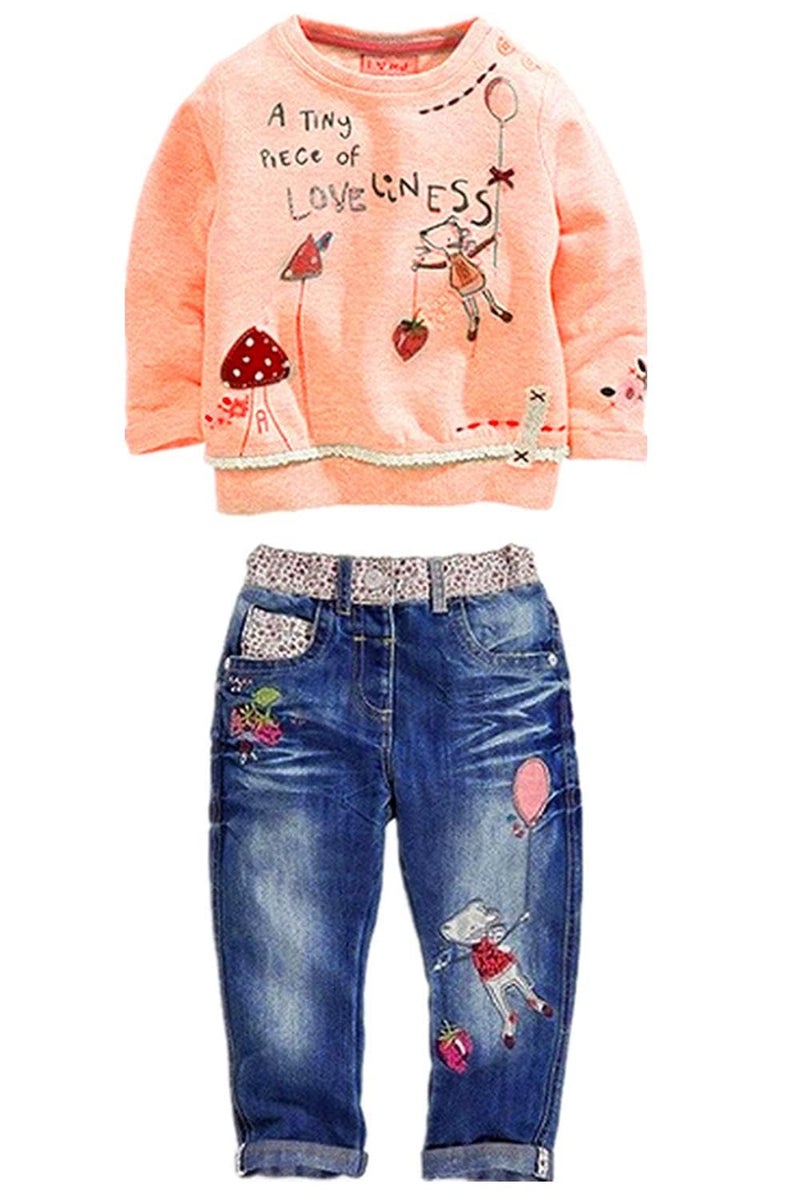 MAXIMGR Baby Girl Clothes Toddler Girl Fall Outfit Cute Long Sleeve Cartoon Pullover Denim Pant Sets Fall Winter Outfits - Image 1