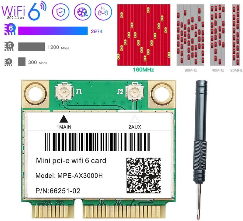 REKONG بطاقة واي فاي 6 MPE-AX3000H مزدوجة النطاق 2.4GHz و 5GHz BT 5.2 قناة 160MHz نصف Mini PCIe تصل إلى 574Mbps (2.4GHz) + 2.4Gbps (5GHz) متوافقة مع ويندوز 10/11 64 بت تأخير منخفض للألعاب/البث - Image 4