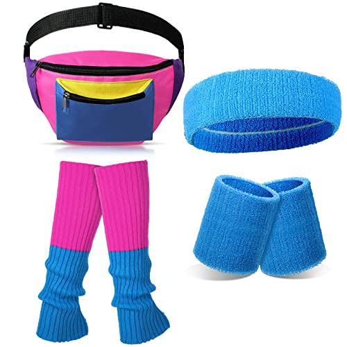 Yaomiao 80s 90s Halloween Women Neon Leg Warmers Set Neon Retro Fanny Pack Knit Leg Warmers Headband Wristband for Cosplay PartySimple StyleBlue Rose Purple - Image 1