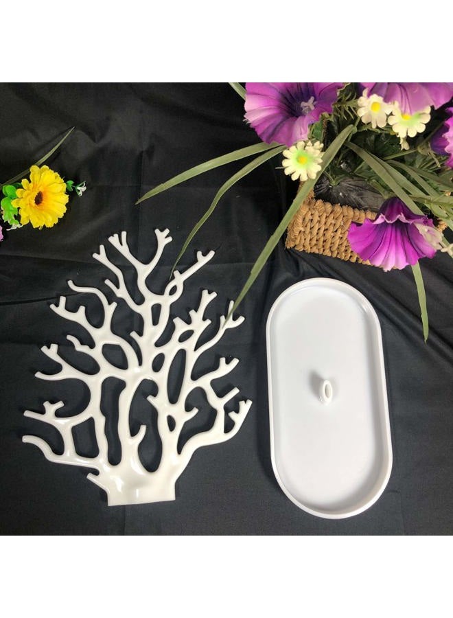 NewFerU Coral Tree Jewelry Hanging Stand Display Table Top Necklace Bracelet Holder Earring Hanger Organizer Rack Tower with a Ring Watch Dish Tray for Women Girls (White) - Image 4
