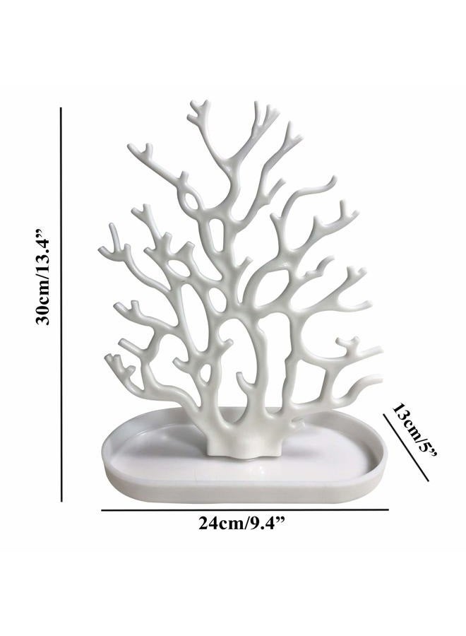 NewFerU Coral Tree Jewelry Hanging Stand Display Table Top Necklace Bracelet Holder Earring Hanger Organizer Rack Tower with a Ring Watch Dish Tray for Women Girls (White) - Image 2