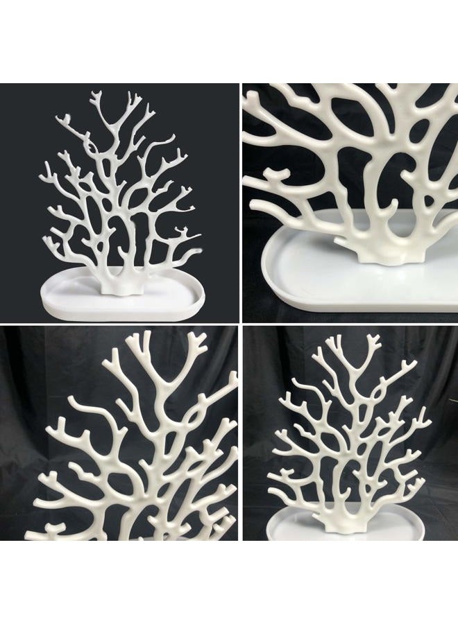 NewFerU Coral Tree Jewelry Hanging Stand Display Table Top Necklace Bracelet Holder Earring Hanger Organizer Rack Tower with a Ring Watch Dish Tray for Women Girls (White) - Image 3