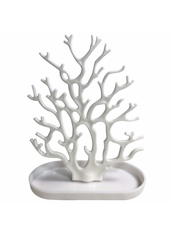 NewFerU Coral Tree Jewelry Hanging Stand Display Table Top Necklace Bracelet Holder Earring Hanger Organizer Rack Tower with a Ring Watch Dish Tray for Women Girls (White) - Image 1