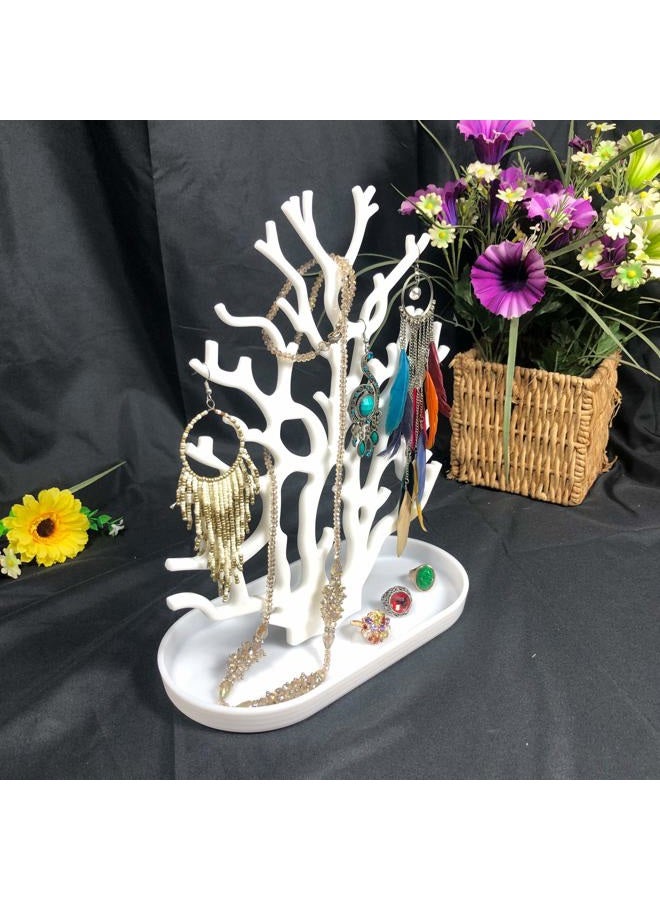 NewFerU Coral Tree Jewelry Hanging Stand Display Table Top Necklace Bracelet Holder Earring Hanger Organizer Rack Tower with a Ring Watch Dish Tray for Women Girls (White) - Image 5