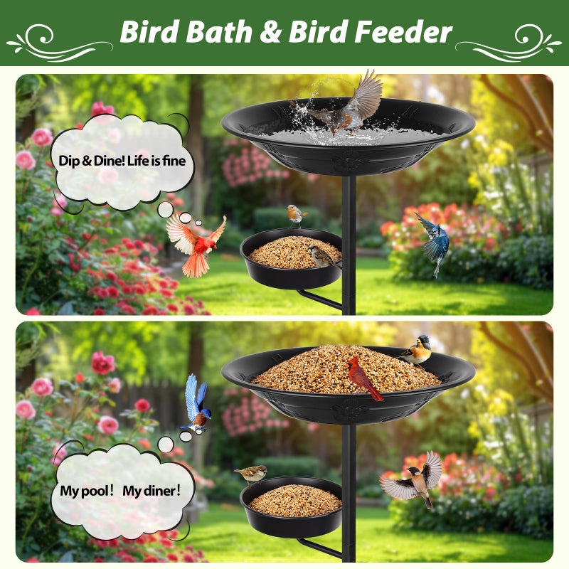 BOLITE Bird Bath for Outside, Metal Freestanding Birdbaths with Bath Bowl and Seed Bowl, Hummingbird Feeders for Outdoors Garden Patio Yard Lawn Decor, Black, Gifts for Mom Dad, Gifts for Women Men - Image 3