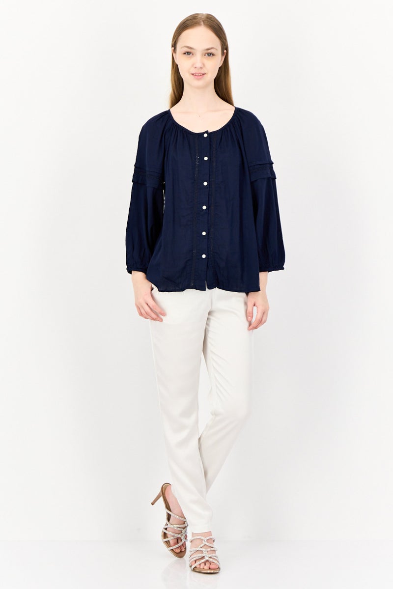 GAP Women Round Neck Long Sleeves Embroidered Top, Navy - Image 4