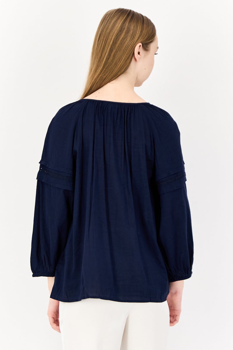GAP Women Round Neck Long Sleeves Embroidered Top, Navy - Image 2