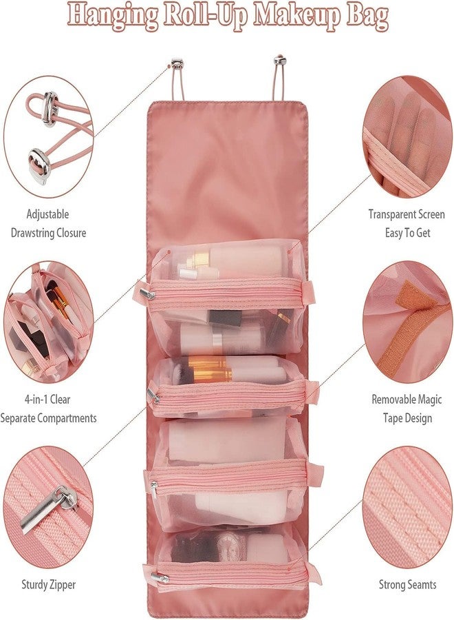 Luxoper 4 in 1 Detachable Travel Makeup Bag - Waterproof Hanging Cosmetic Organizer with 4 Removable Mesh Pouches for Toiletries, Brushes & Beauty Tools for Men & Women (Pink) - Image 2