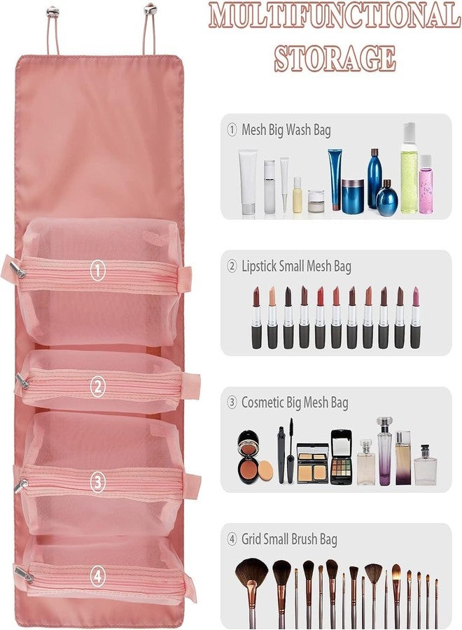 Luxoper 4 in 1 Detachable Travel Makeup Bag - Waterproof Hanging Cosmetic Organizer with 4 Removable Mesh Pouches for Toiletries, Brushes & Beauty Tools for Men & Women (Pink) - Image 4