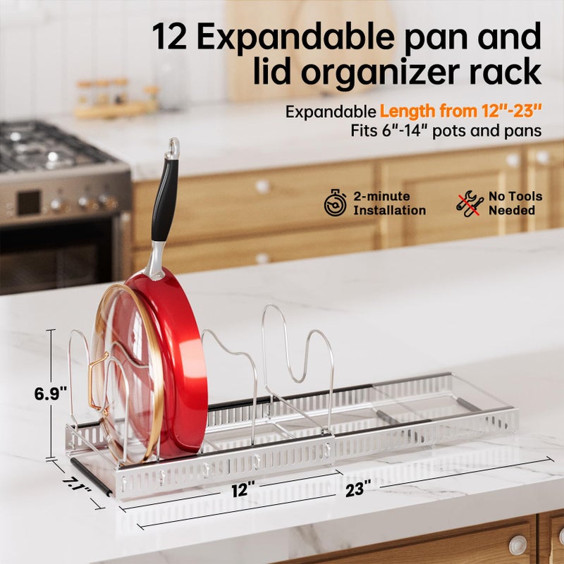 MUDEELA Pot Rack - Expandable Pots and Pans Organizer under Cabinet, Pot Lid Organizer Holder with 12 Adjustable Compartment, Kitchen Cabinet Organizer and Storage for Cutting Board, Skillets Pan - Image 2
