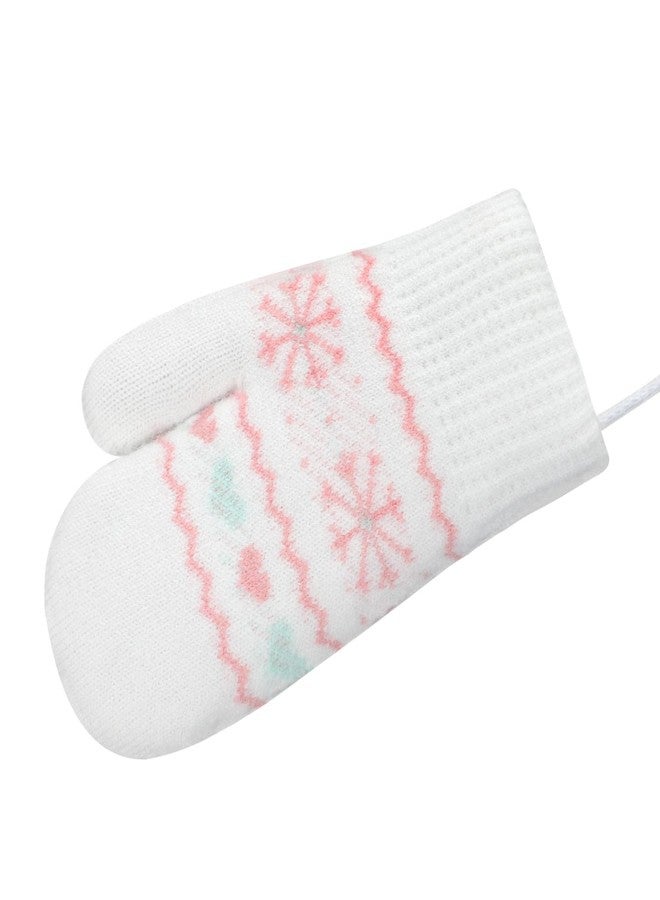 Clobeau Toddler Mittens Fleece Lined Full Finger Ski Snow Mittens Winter Warm Knitted Gloves with String for 0-3Y Boys Girls (White) - Image 3