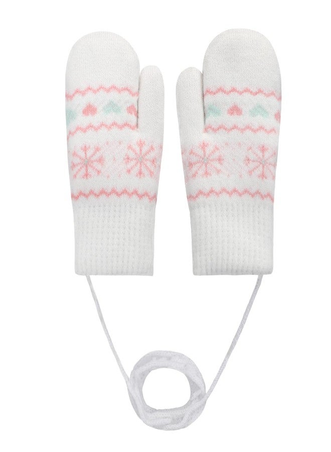 Clobeau Toddler Mittens Fleece Lined Full Finger Ski Snow Mittens Winter Warm Knitted Gloves with String for 0-3Y Boys Girls (White) - Image 1