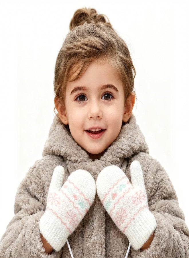 Clobeau Toddler Mittens Fleece Lined Full Finger Ski Snow Mittens Winter Warm Knitted Gloves with String for 0-3Y Boys Girls (White) - Image 5
