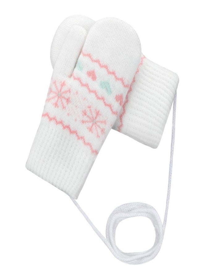 Clobeau Toddler Mittens Fleece Lined Full Finger Ski Snow Mittens Winter Warm Knitted Gloves with String for 0-3Y Boys Girls (White) - Image 2