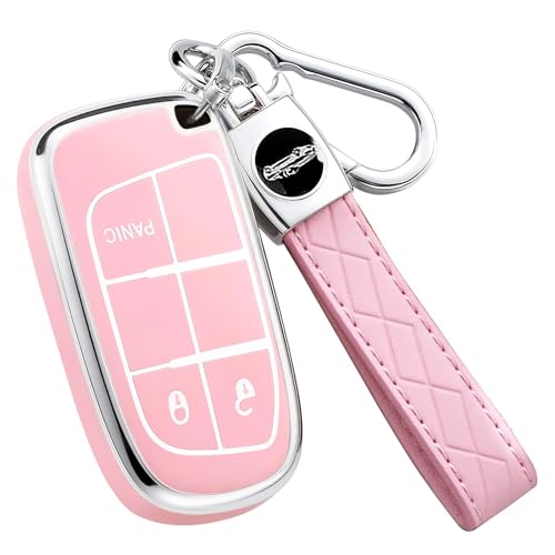 AAWQVRG Key Fob Cover for Jeep - Premium Soft TPU Shell Full Protection Case with Keychain, Fits Grand Cherokee Compass Renegade Chrysler Dodge RAM Durango Challenger Journey Dart Fiat, Pink, 3-Button - Image 1