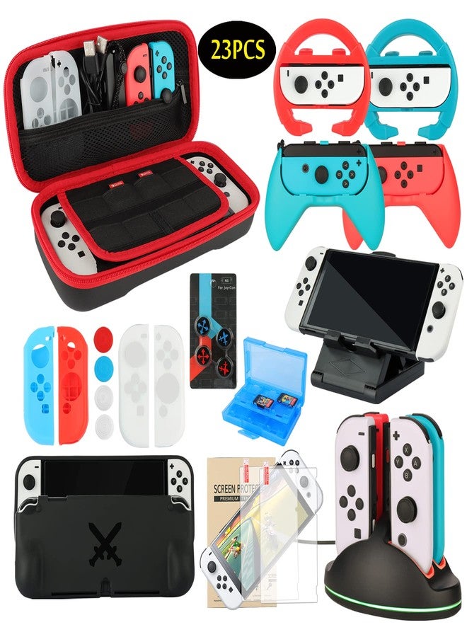WEILE Accessories Bundle Party Pack for Nintendo Switch OLED Model(2021), Kit with Carrying Case, Joy Con Charging Dock& Grips& Covers, Steering Wheels, Mount, Screen Protectors, Caps(23 in 1) - Image 1