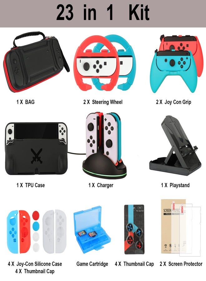 WEILE Accessories Bundle Party Pack for Nintendo Switch OLED Model(2021), Kit with Carrying Case, Joy Con Charging Dock& Grips& Covers, Steering Wheels, Mount, Screen Protectors, Caps(23 in 1) - Image 2