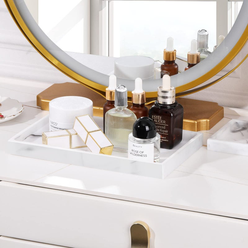 لوكس سبير Bathroom Vanity Tray, Resin Dresser Jewelry Ring Dish Tank Storage Kitchen Sink Countertop Organizer Plate Holder for Perfume Candles Soap Towel Plant Bathroom Accessories, M, White Marble - Image 4